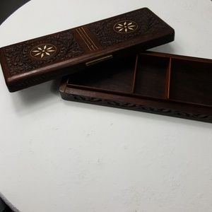 Vintage hand carved wooden brass jewelry snuff box 420 woodworking oak cherry